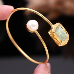GAIA Raw Amazonite & Pearl Open Cuff Bracelet (Aesthetic Gold)