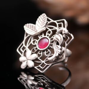 SABA Statement Oxidised Ring with Jaal Filigree and Turquoise Stone