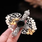 GAUHAR Dual-Tone Oxidised Cocktail Ring with Black Monalisa Stone and Pearls