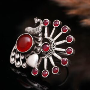 Title: Chandraki Statement Oxidised Peacock Ring with Pink Stone Motifs
