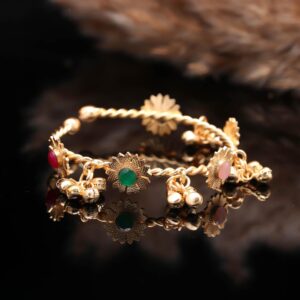 Chann Gold-Plated Floral Ghungroo Kada/Bracelet with Ruby & Emerald Stones
