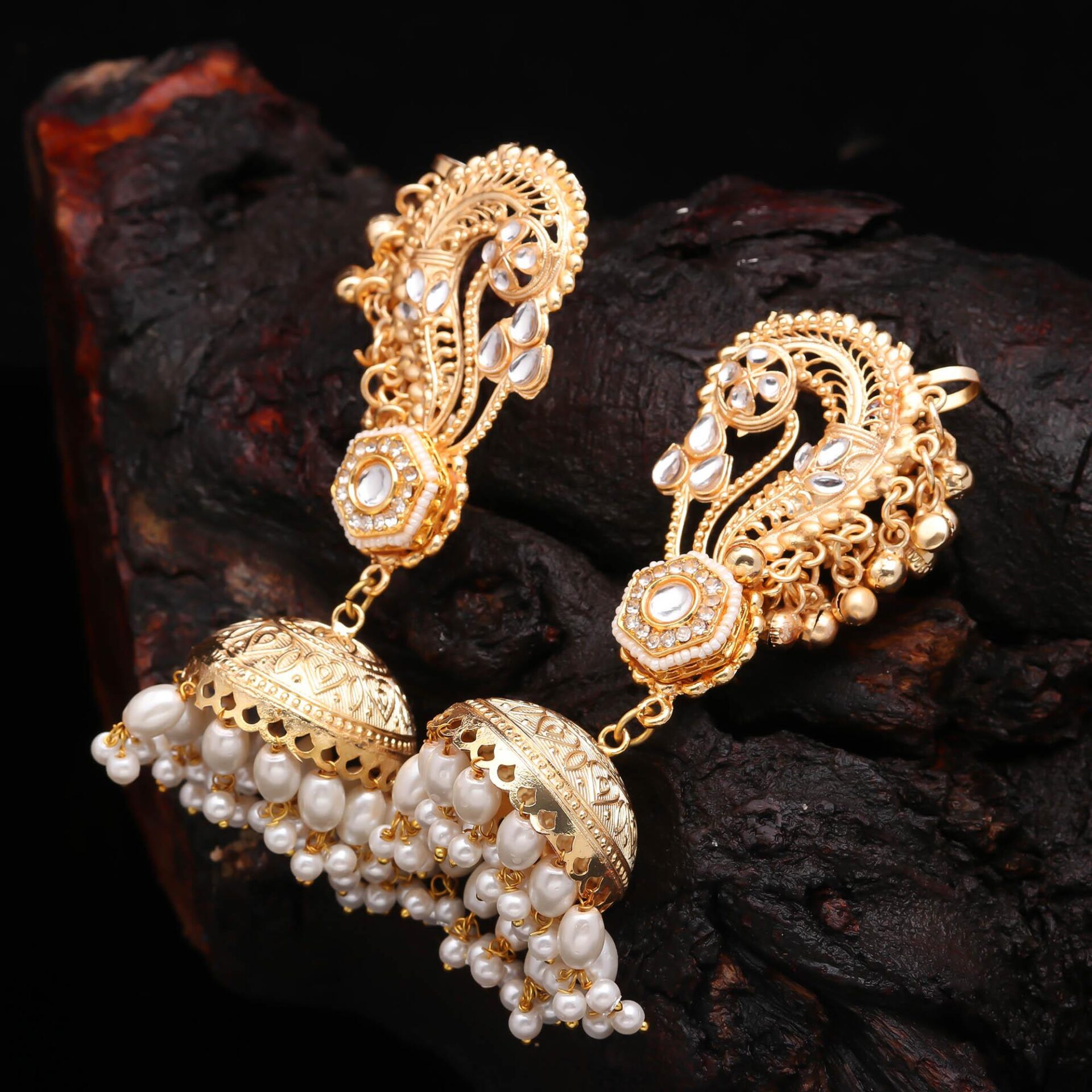 Anokhi Kashmiri Brass Kaanphool Jhumka Earrings with Faux Pearls