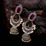 IQRA Dual-Tone Crescent Jhumka Earrings with Ruby Stones and Pearls