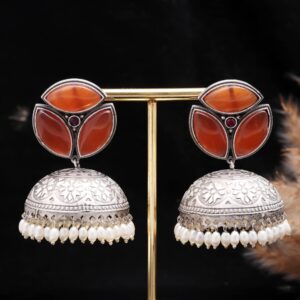 Adira" Oxidised Silver-Toned Carnelian & Pearl Jhumkas