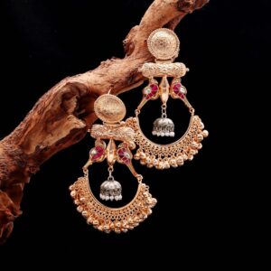 Naqshi Showstopper Chandbali Earrings with Parrot Motif and Dual-Tone Jhumka