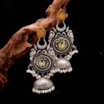 IRA Silver Oxidised Heavy Jhumki Earrings with Bird Motifs and Enamel