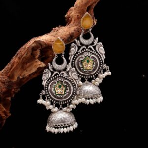 IRA Silver Oxidised Heavy Jhumki Earrings with Bird Motifs and Enamel
