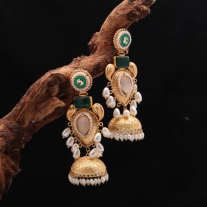 Sadaf Moti Embellished Temple Jhumka Earrings with Emerald Stone