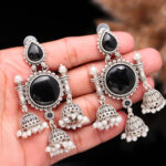SEERAT Statement Oxidised Chandelier Earrings with Black Cabochon Stones