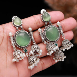 SEERAT Statement Oxidised Chandelier Earrings with Green Cabochon Stones
