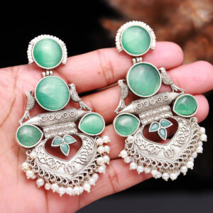 SAAZISH Victory Oversized Oxidised Earrings with Green Cat's Eye Stones and Pearls